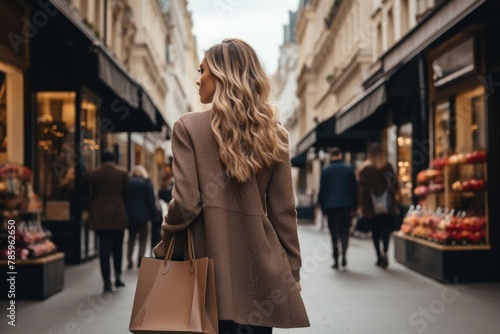 Elegant Woman Shopping in Upscale Urban District