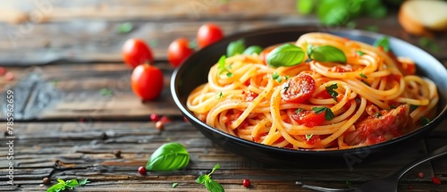 A plate of spaghetti with tomatoes and basil on a wooden table