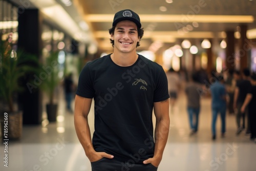 Smiling Young Man Wearing Black T-Shirt and Cap at the Mall