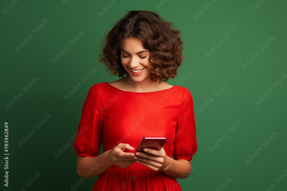 A woman in a radiant red dress smiles while engaging with her phone, embodying the pleasure of staying connected. A woman in a radiant red dress smiles while engaging with her phone, embodying the pleasure of staying connected.