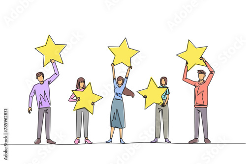 Single continuous line drawing a group of women and men raised their respective stars. Give positive feedback and the best review. 5 star. Online shop. E-commerce. One line design vector illustration