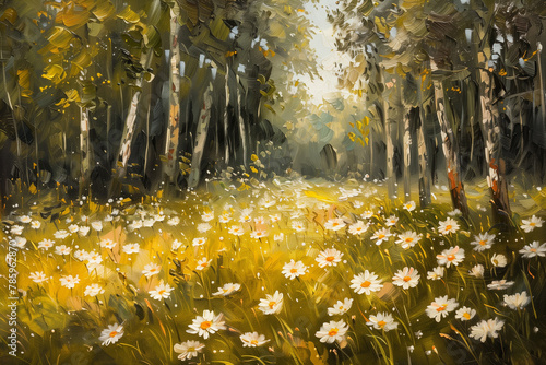 Oil painting of meadows with white flowers forest on canvas, wall art for interior design
