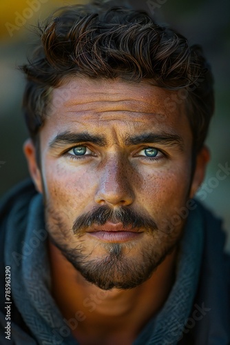 Portrait of a handsome young man with beard and mustache outdoors