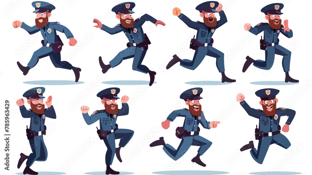 Policeman poses vector illustration set. Cartoon bear