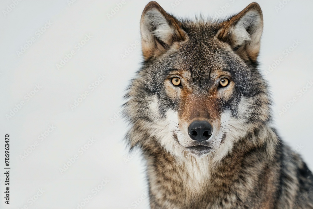 Close-up portrait of a wolf on a white background,  Gray wolf