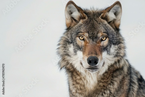Close-up portrait of a wolf on a white background   Gray wolf