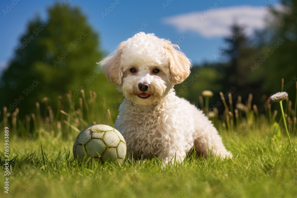Adorable White Fluffy Dog with Tennis Ball in Sunny Garden
