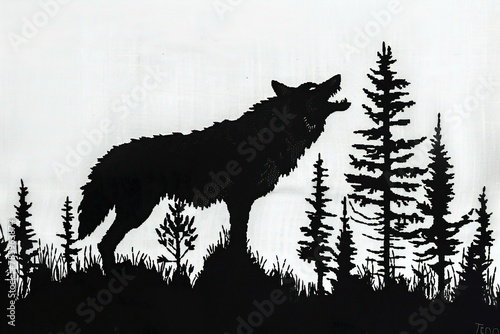 Wolf in the forest, black and white illustration of a wolf