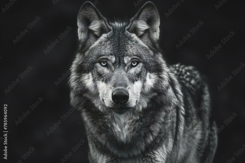 Portrait of a wolf on a dark background,  Gray wolf