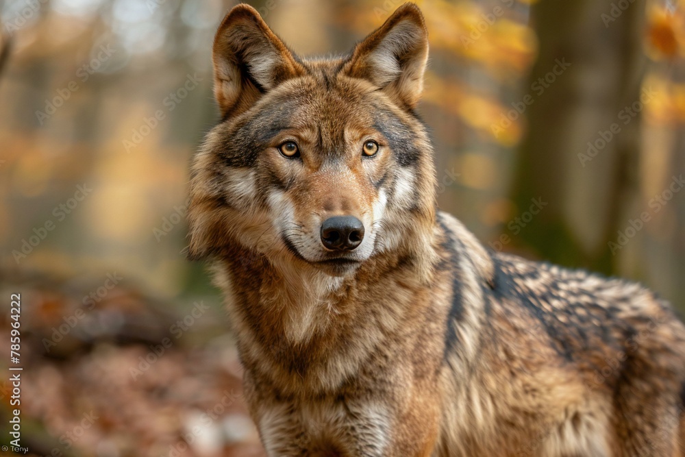Portrait of a wolf in the autumn forest,  Animal portrait