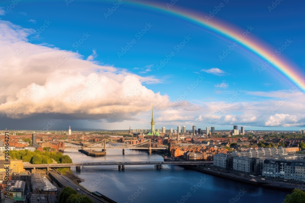 Obraz premium Vibrant Rainbow Over City Skyline at Dusk