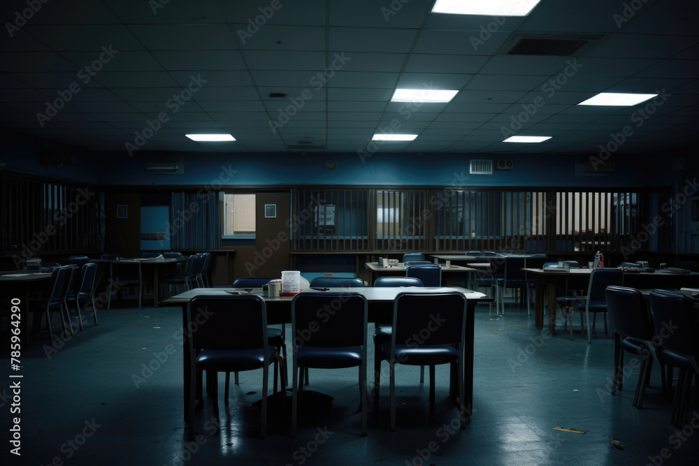 Abandoned Cafeteria at Night: Eerie, Deserted Dining Space