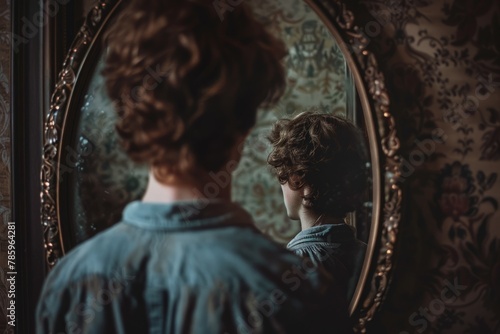 A young man before the vintage antique mirror reflecting from different side