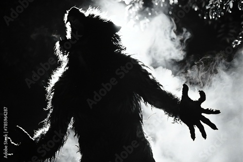 Black and white portrait of a scary monster in the smoke, Horror movie