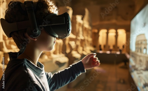Virtual reality headset being used by a student to explore ancient historical sites, merging cutting-edge technology with immersive history lessons.