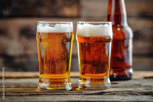 Two glasses of beer on a wooden background, Selective focus