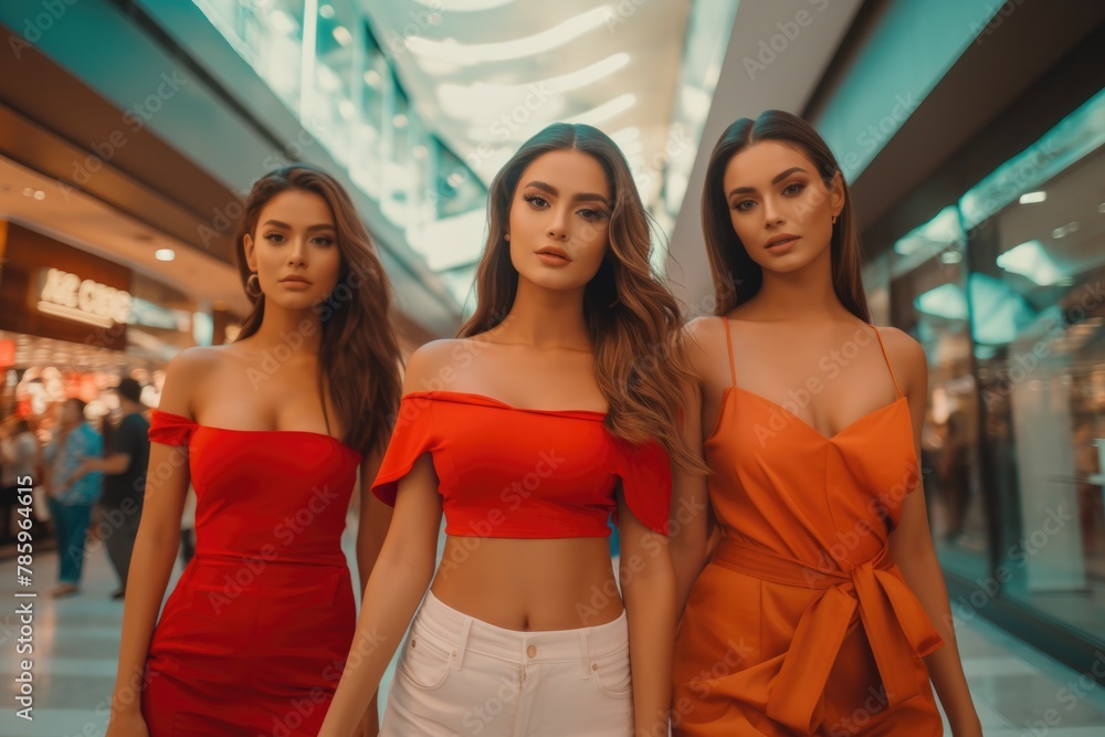 Trio of Fashionable Women Walking in Shopping Mall