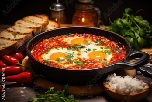 Shakshuka with tomatoes in a frying pan