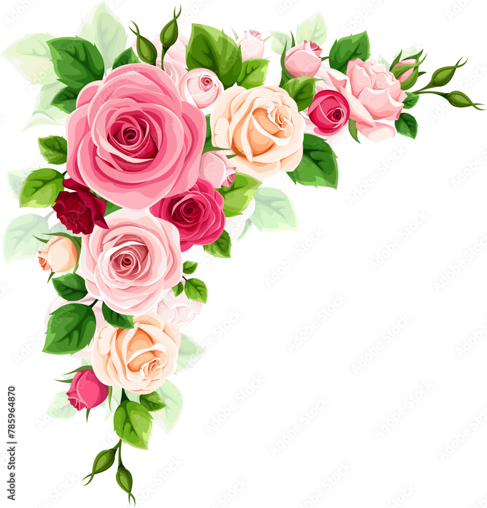 Roses corner border. Red, pink, and white roses corner design element isolated on a white background. Vector illustration