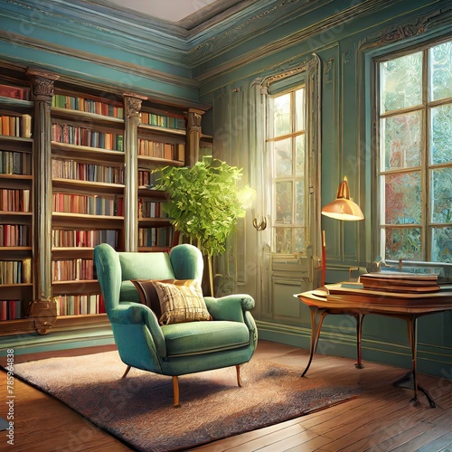 modern living room 3D render illustrating the renovation of a charming reading book  complete with a plush armchair  built-in bookshelves  and soft lighting to perfect spot for relaxation and literary