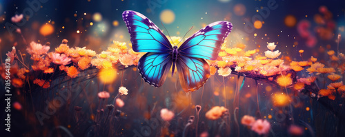 Mystical butterfly meadow in purple orange colors.. Butterfly flying over flowers