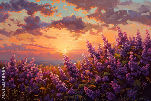 Oil painting of lilacs at sunset  idea for living room wall decor