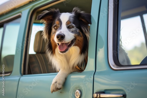 Joyful Australian Shepherd Dog Leaning Out of Car Window © Julia Jones