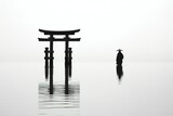 Japanese temple in fog, reflection in water, reflection in water