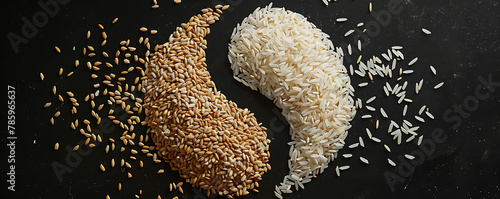 Brown rice Yin yang sign composition isolated over the black background .generative ai