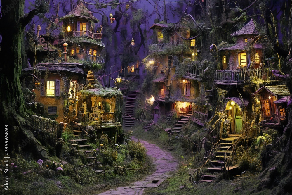 Fantasy fairy tale castle in the forest at night, rendering