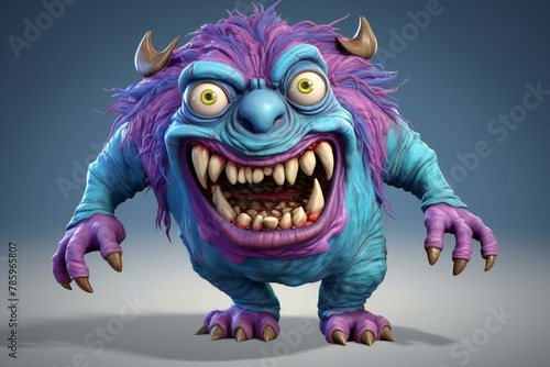 Funny cartoon monster with horns and purple hair, rendering