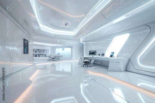 A futuristic office workspace design interior with state-of-the-art technology and innovative white design