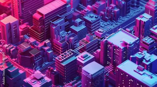 Cityscape with many tall buildings lined with isometric city concept.