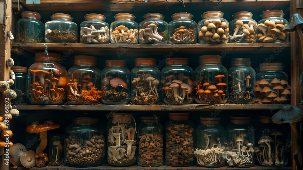 A wizard's laboratory filled with jars of rare, deadly mushrooms