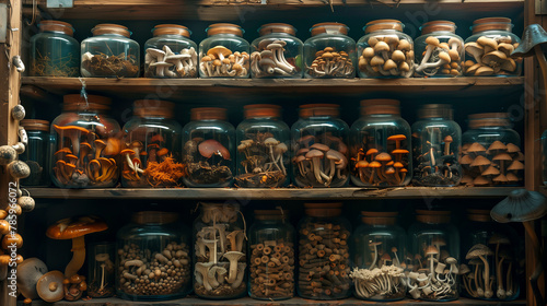 A wizard's laboratory filled with jars of rare, deadly mushrooms photo
