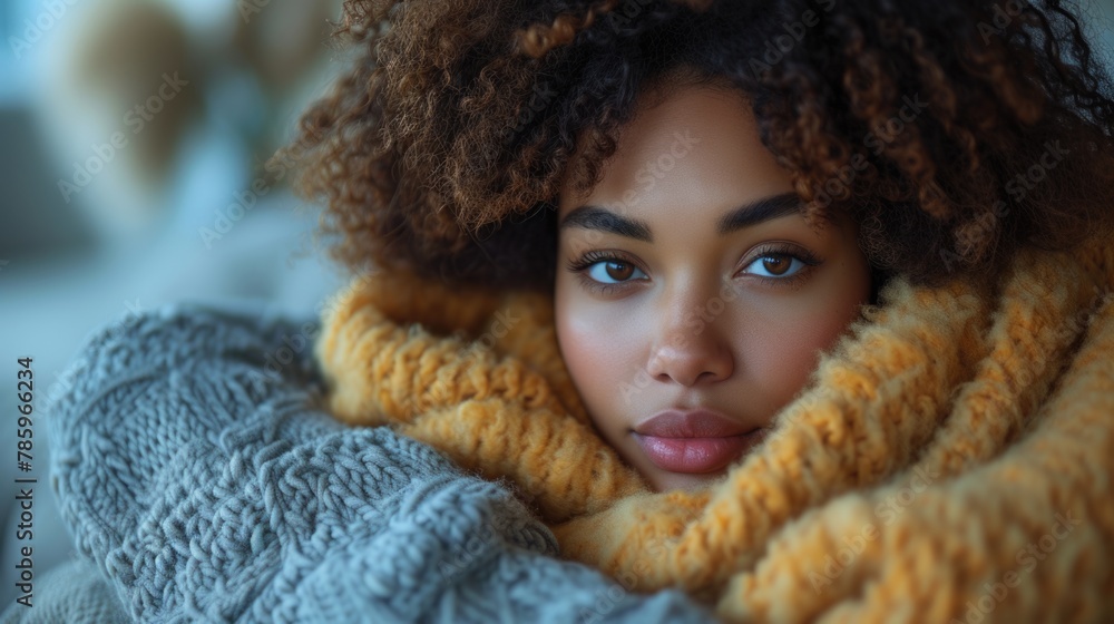 Serene Young Woman Wrapped in Cozy Knitted Scarf Serene Young Woman Wrapped in Cozy Knitted Scarf