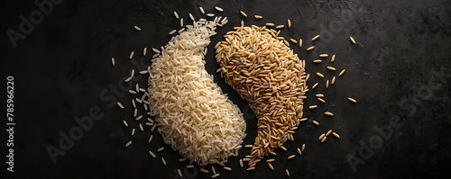 Rice in a Yin yang sign composition isolated over the black background .generative ai photo