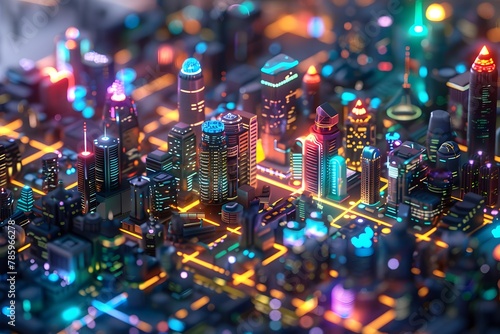 Cityscape with many tall buildings lined with isometric city concept.