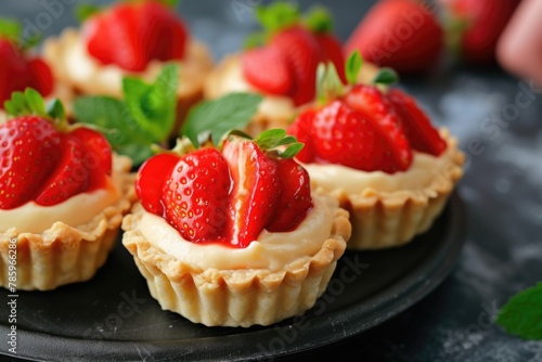 Strawberry tart desserts on dark slate. Gourmet food