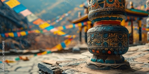 A colorful pole with a blue and red base