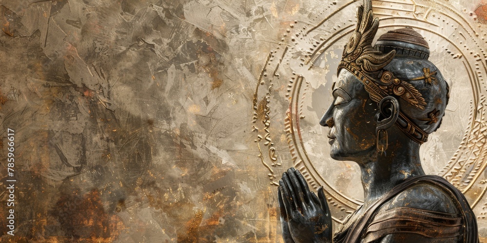 Obraz premium A woman is praying in front of a gold circle