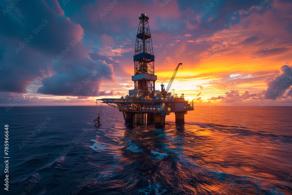 An offshore oil rig stands majestically against a stunning sunset, casting a silhouette over the calm ocean waters