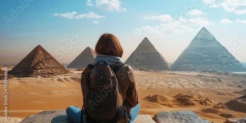 A woman sits on a rock with her backpack on photo