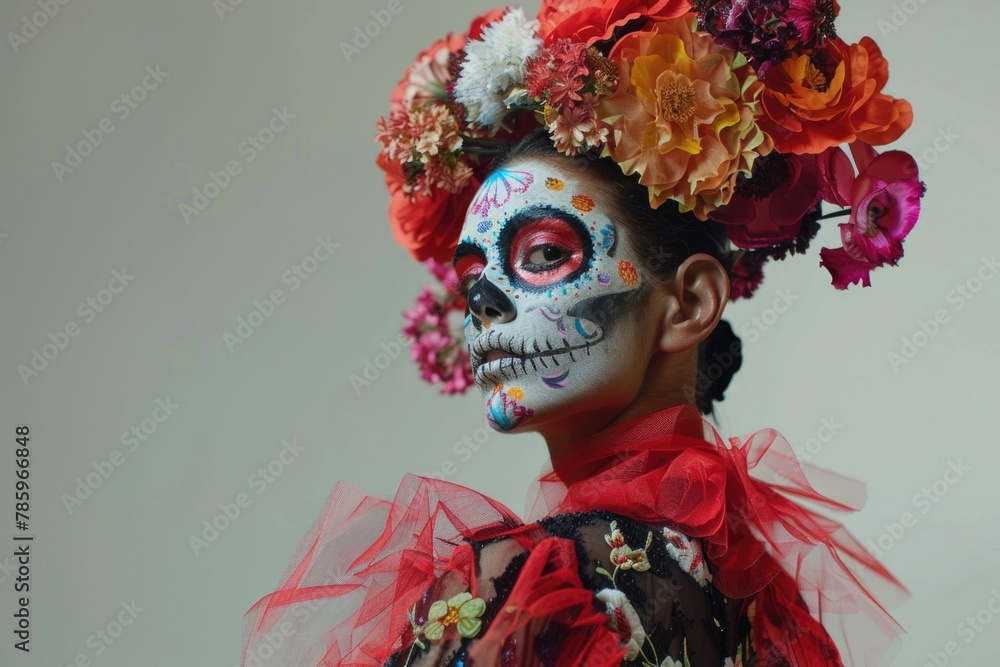 Woman with Dia de los Muertos Makeup in Red and Blue Lighting