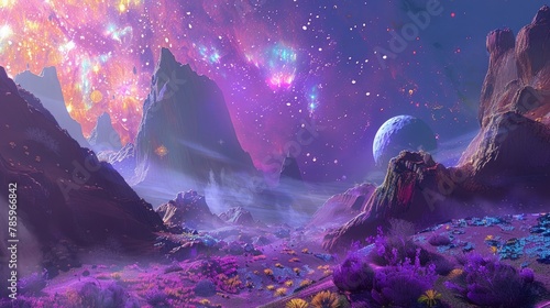 Otherworldly landscape with alien flora and stars.