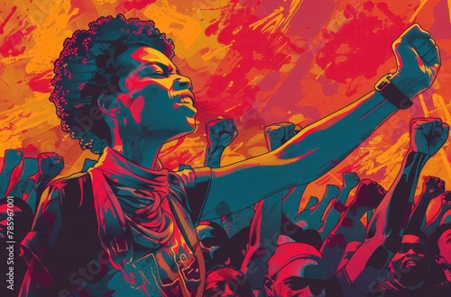 an illustration of a black woman in front of a crowd with their fists upraised and fighting for their rights, in the style of vintage poster design, vibrant palette knife, generative ai