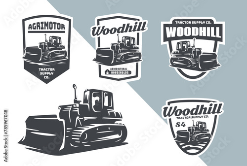 Set of bulldozer logo, emblems, and badges. Simple line tractor illustration for rental, repair business.