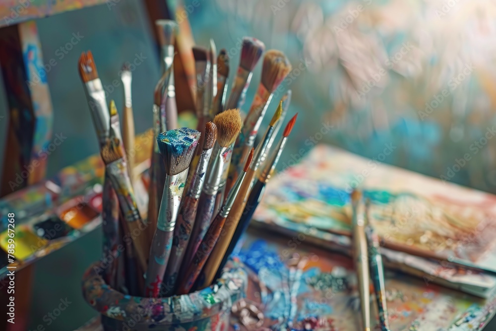 Fototapeta premium Paint brushes and palette of oil paints on a wooden table
