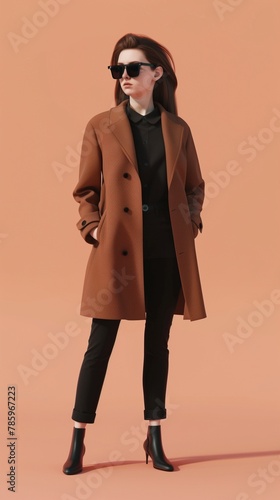 Young female wearing brown long coat, black t shirt and black sunglasses