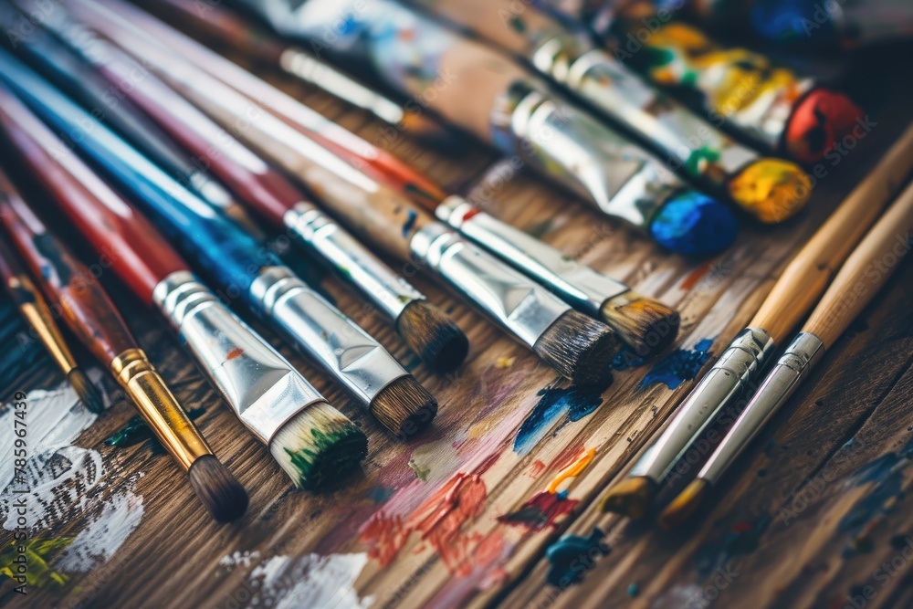 Paint brushes and palette of oil paints on a wooden table Paint brushes and palette of oil paints on a wooden table